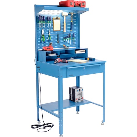 Global Industrial Flat Surfaced Shop Desk w/ Pegboard & Top Shelf, 34-1/2inW x 30inD, Blue 319416BL